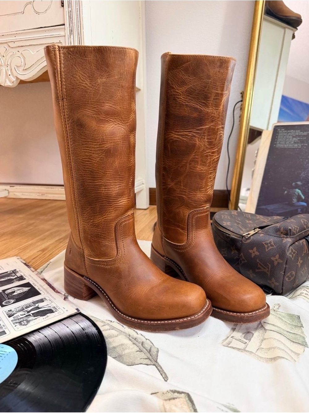 Frye Tall Leather Riding Boots in Cognac Brown